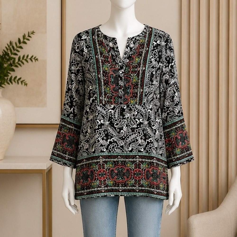 En Creme Women Tunic Paisley Print Boho Bell Sleeve Black Multi Small